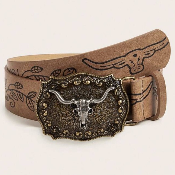 ONLY 1 LEFT of each size - Vintage Buckle PU Leather Cowboy Style Belt - Tan - Picture 1 of 7